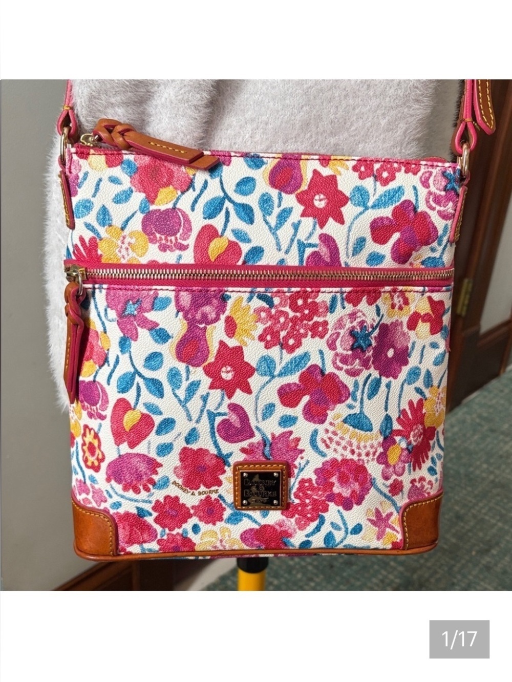 Dooney & Bourke Pink & Red Floral Crossbody Bag/tan leather trim S-M size EUC